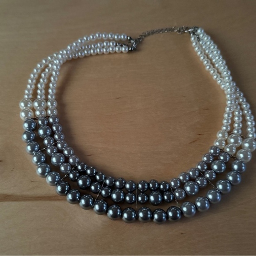 Triple Strand Gray Beaded Necklace